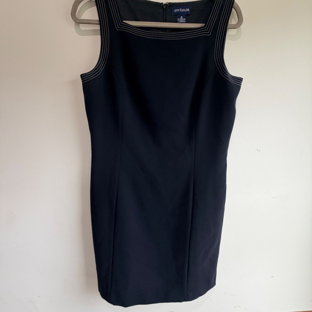 Ann Taylor Sheath Dress 10 Black Contrast Stitch Sleeveless Old Money Classic